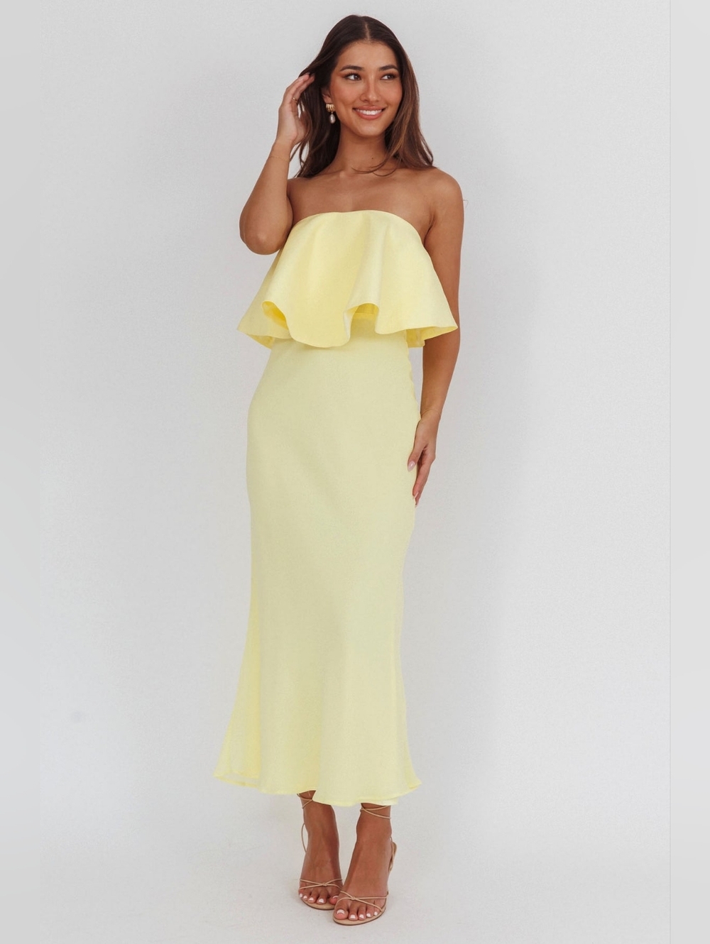 Strapless Ruffle Yellow Midi Dress